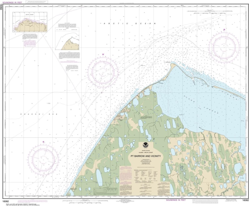 NOAA Chart 16082. Nautical Chart of Point Barrow and vicinity. NOAA charts portray water depths, coastlines, dangers, aids to navigation, landmarks, bottom characteristics and other features, as well as regulatory, tide, and other information. They contai