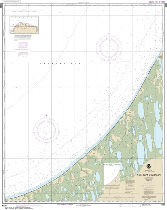 NOAA Chart 16083. Nautical Chart of Skull Cliff and vicinity. NOAA charts portray water depths, coastlines, dangers, aids to navigation, landmarks, bottom characteristics and other features, as well as regulatory, tide, and other information. They contain