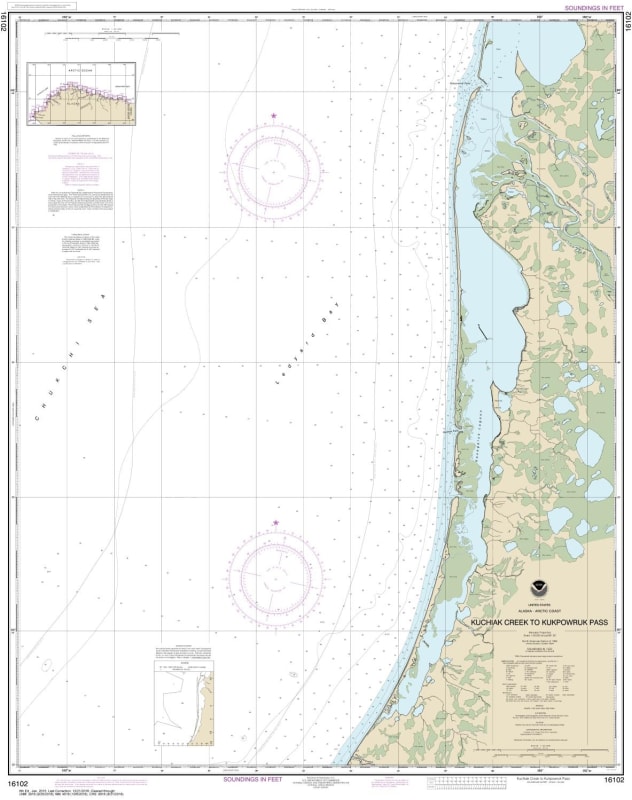 NOAA Chart 16102. Nautical Chart of Kuchiak Creek to Kukpowruk Pass. NOAA charts portray water depths, coastlines, dangers, aids to navigation, landmarks, bottom characteristics and other features, as well as regulatory, tide, and other information. They