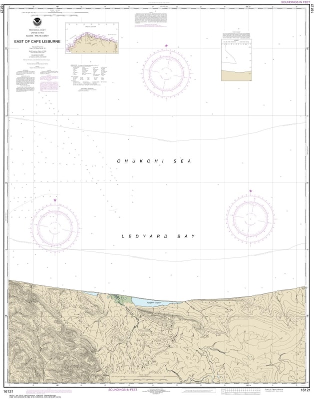 NOAA Chart 16121. Nautical Chart of East of Cape Lisburne. NOAA charts portray water depths, coastlines, dangers, aids to navigation, landmarks, bottom characteristics and other features, as well as regulatory, tide, and other information. They contain al