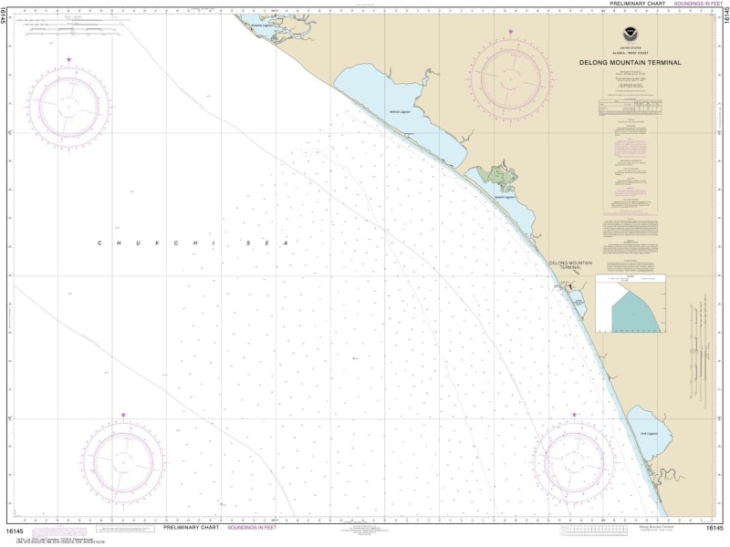 NOAA Chart 16145. Nautical Chart of Alaska - West Coast. Delong Mountain Terminal. NOAA charts portray water depths, coastlines, dangers, aids to navigation, landmarks, bottom characteristics and other features, as well as regulatory, tide, and other info