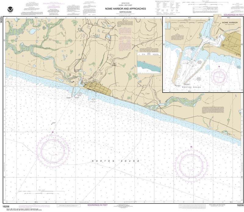 NOAA Chart 16206. Nautical Chart of Nome Hbr. and approaches, Norton Sound - Nome Harbor. NOAA charts portray water depths, coastlines, dangers, aids to navigation, landmarks, bottom characteristics and other features, as well as regulatory, tide, and oth