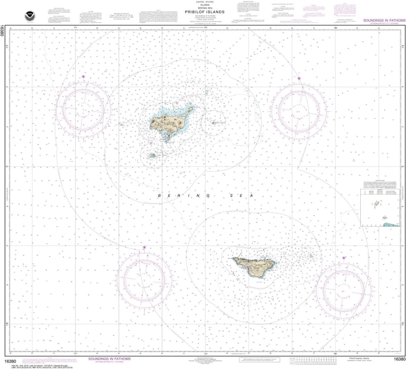 NOAA Chart 16380. Nautical Chart of Pribilof Islands. NOAA charts portray water depths, coastlines, dangers, aids to navigation, landmarks, bottom characteristics and other features, as well as regulatory, tide, and other information. They contain all cri