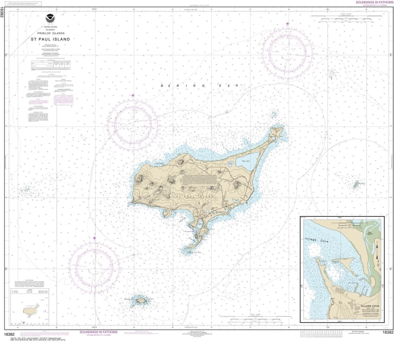 NOAA Chart 16382. Nautical Chart of St. Paul Island, Pribilof Islands. NOAA charts portray water depths, coastlines, dangers, aids to navigation, landmarks, bottom characteristics and other features, as well as regulatory, tide, and other information. The