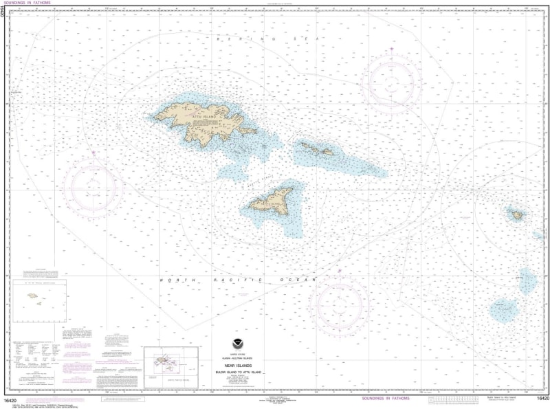 NOAA Chart 16420. Nautical Chart of Near Islands Buldir Island to Attu Island. NOAA charts portray water depths, coastlines, dangers, aids to navigation, landmarks, bottom characteristics and other features, as well as regulatory, tide, and other informat