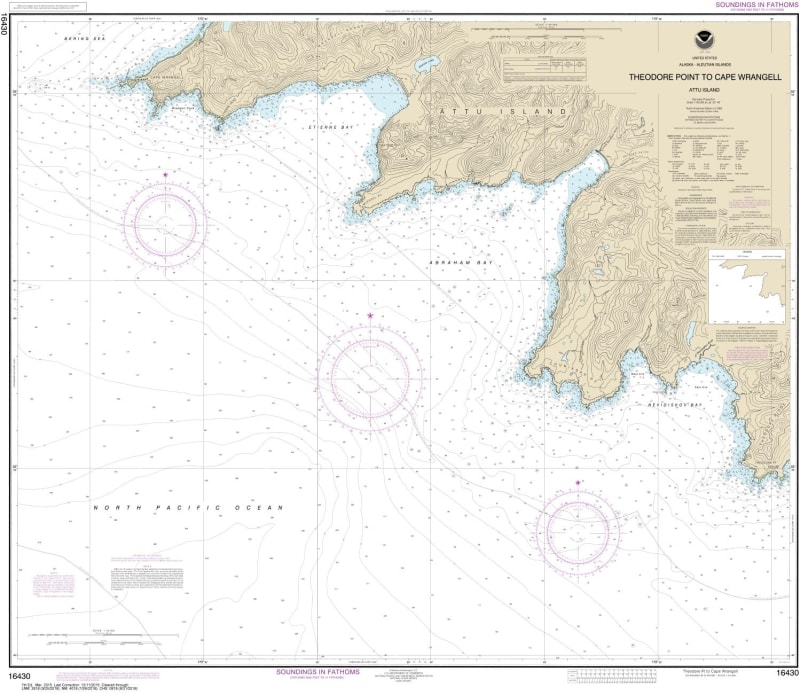 NOAA Chart 16430. Nautical Chart of Attu Island Theodore Point to Cape Wrangell. NOAA charts portray water depths, coastlines, dangers, aids to navigation, landmarks, bottom characteristics and other features, as well as regulatory, tide, and other inform