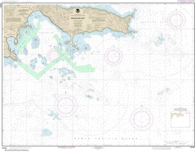 NOAA Chart 16432. Nautical Chart of Massacre Bay. NOAA charts portray water depths, coastlines, dangers, aids to navigation, landmarks, bottom characteristics and other features, as well as regulatory, tide, and other information. They contain all critica
