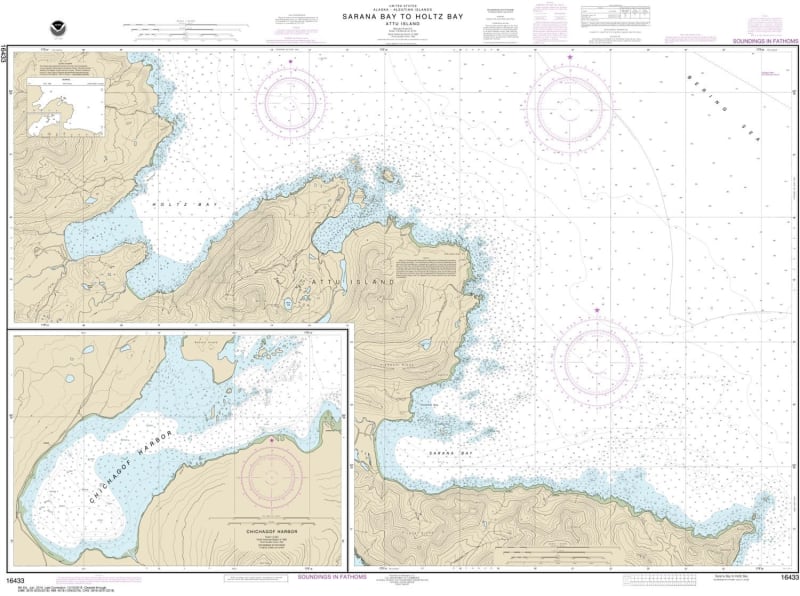 NOAA Chart 16433. Nautical Chart of Sarana Bay to Holtz Bay - Chichagof Harbor. NOAA charts portray water depths, coastlines, dangers, aids to navigation, landmarks, bottom characteristics and other features, as well as regulatory, tide, and other informa