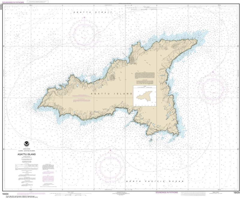NOAA Chart 16434. Nautical Chart of Agattu Island. NOAA charts portray water depths, coastlines, dangers, aids to navigation, landmarks, bottom characteristics and other features, as well as regulatory, tide, and other information. They contain all critic