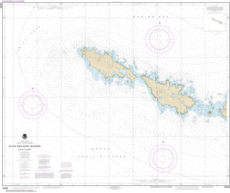 NOAA Chart 16435. Nautical Chart of Semichi Islands Alaid and Nizki Islands. NOAA charts portray water depths, coastlines, dangers, aids to navigation, landmarks, bottom characteristics and other features, as well as regulatory, tide, and other informatio