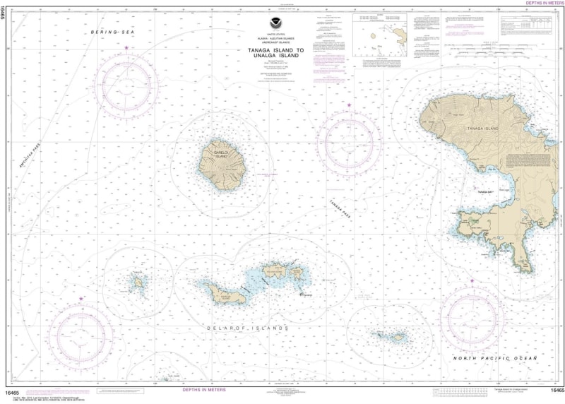 NOAA Chart 16465. Nautical Chart of Tanaga Island to Unalga Island. NOAA charts portray water depths, coastlines, dangers, aids to navigation, landmarks, bottom characteristics and other features, as well as regulatory, tide, and other information. They c