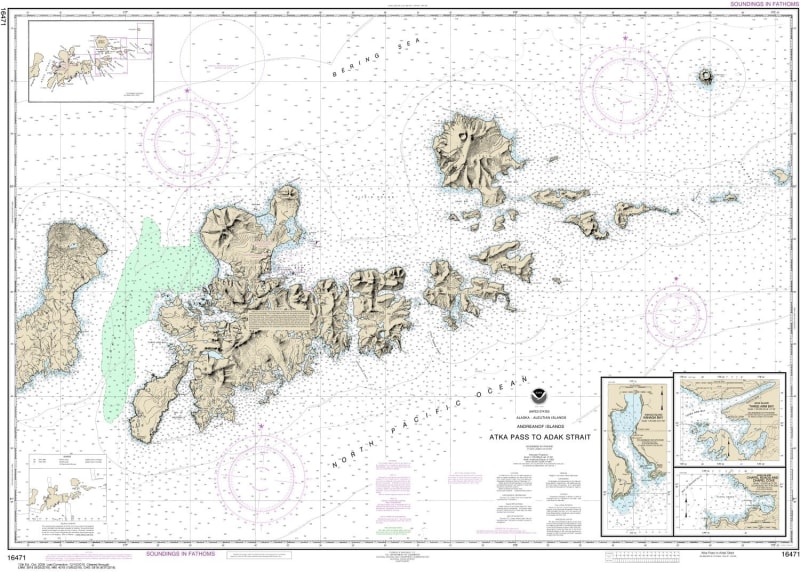 NOAA Chart 16471. Nautical Chart of Atka Pass to Adak Strait - Three Arm Bay, Adak Island - Kanaga Bay, Kanaga Island - Chapel Roads and Chapel Cove, Adak Island. NOAA charts portray water depths, coastlines, dangers, aids to navigation, landmarks, bottom