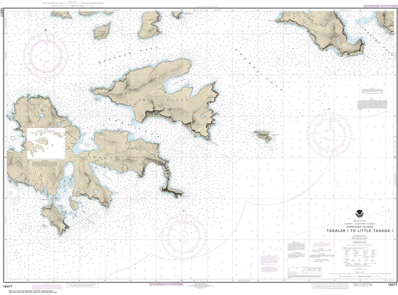 NOAA Chart 16477. Nautical Chart of Tagalak Island to Little Tanaga lsland. NOAA charts portray water depths, coastlines, dangers, aids to navigation, landmarks, bottom characteristics and other features, as well as regulatory, tide, and other information