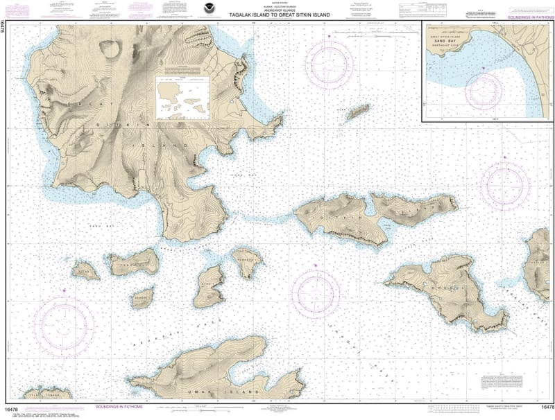 NOAA Chart 16478. Nautical Chart of Tagalak Island to Great Sitkin Island - Sand Bay - NE Cove. NOAA charts portray water depths, coastlines, dangers, aids to navigation, landmarks, bottom characteristics and other features, as well as regulatory, tide, a
