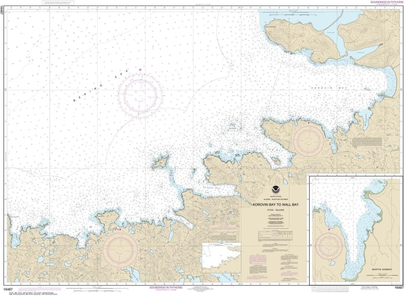 NOAA Chart 16487. Nautical Chart of Korovin Bay to Wall Bay - Atka Island - Martin Harbor. NOAA charts portray water depths, coastlines, dangers, aids to navigation, landmarks, bottom characteristics and other features, as well as regulatory, tide, and ot