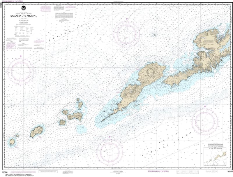 NOAA Chart 16500. Nautical Chart of Unalaska lsland to Amukta lsland. NOAA charts portray water depths, coastlines, dangers, aids to navigation, landmarks, bottom characteristics and other features, as well as regulatory, tide, and other information. They