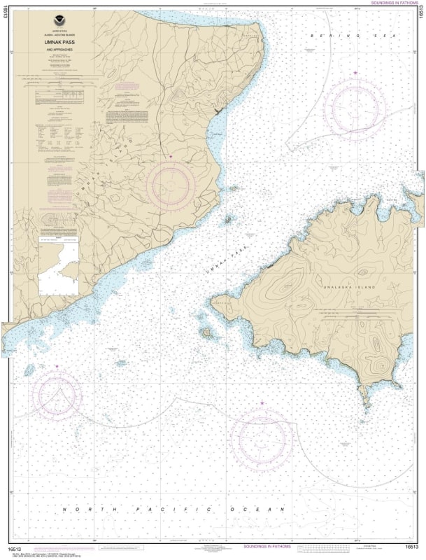 NOAA Chart 16513. Nautical Chart of Unalaska Island Umnak Pass and approaches. NOAA charts portray water depths, coastlines, dangers, aids to navigation, landmarks, bottom characteristics and other features, as well as regulatory, tide, and other informat