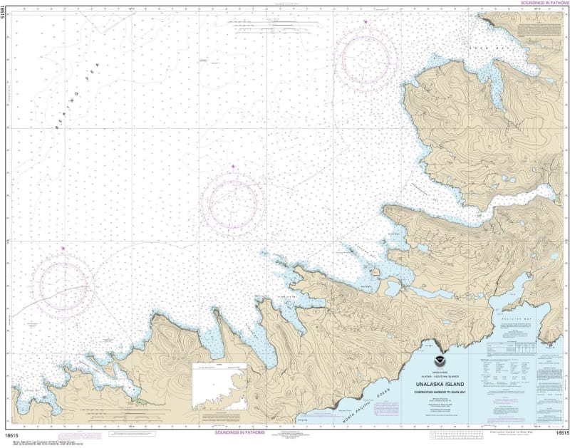 NOAA Chart 16515. Nautical Chart of Chernofski Harbor to Skan Bay. NOAA charts portray water depths, coastlines, dangers, aids to navigation, landmarks, bottom characteristics and other features, as well as regulatory, tide, and other information. They co