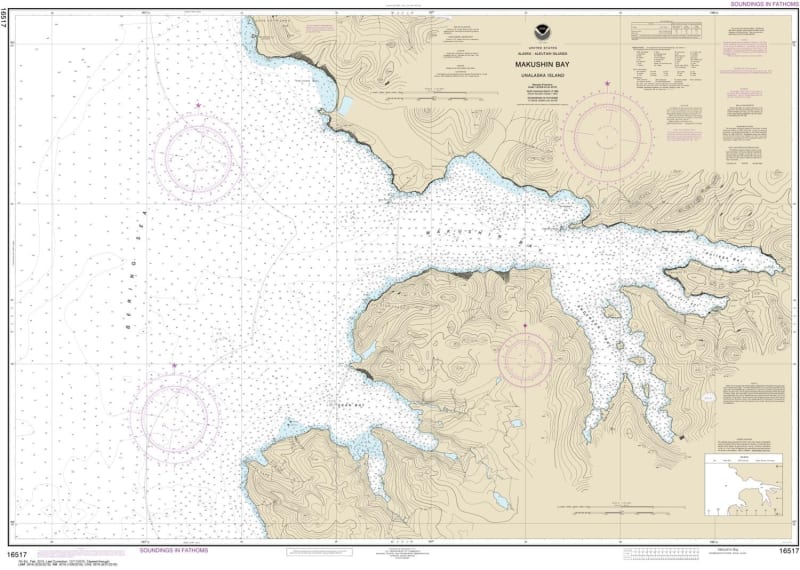 NOAA Chart 16517. Nautical Chart of Makushin Bay. NOAA charts portray water depths, coastlines, dangers, aids to navigation, landmarks, bottom characteristics and other features, as well as regulatory, tide, and other information. They contain all critica