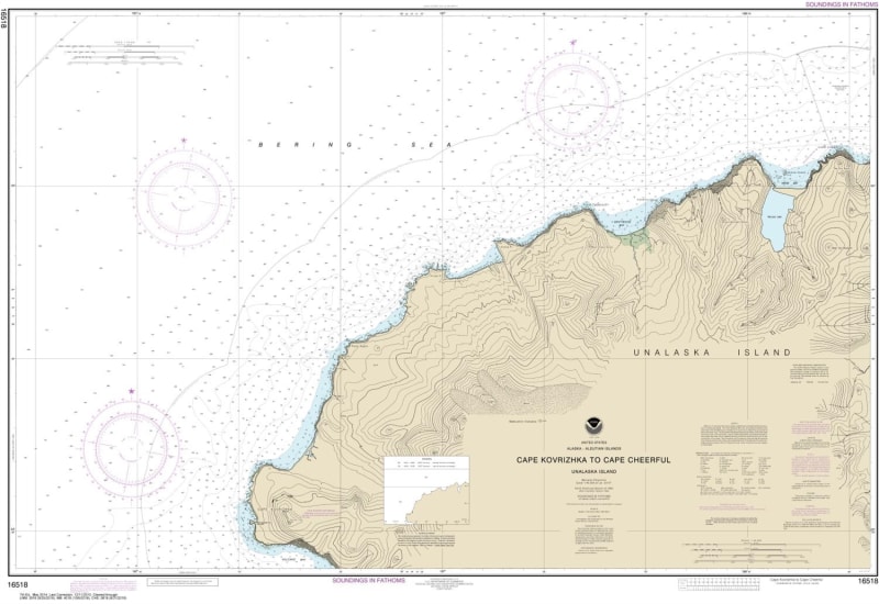 NOAA Chart 16518. Nautical Chart of Cape Kavrizhka to Cape Cheerful. NOAA charts portray water depths, coastlines, dangers, aids to navigation, landmarks, bottom characteristics and other features, as well as regulatory, tide, and other information. They