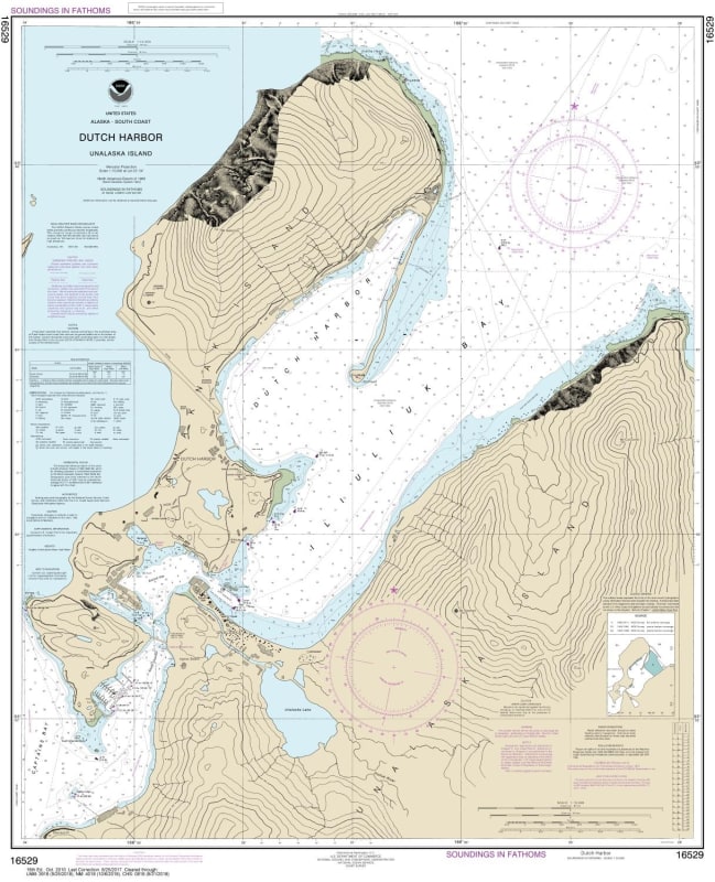NOAA Chart 16529. Nautical Chart of Dutch Harbor. NOAA charts portray water depths, coastlines, dangers, aids to navigation, landmarks, bottom characteristics and other features, as well as regulatory, tide, and other information. They contain all critica