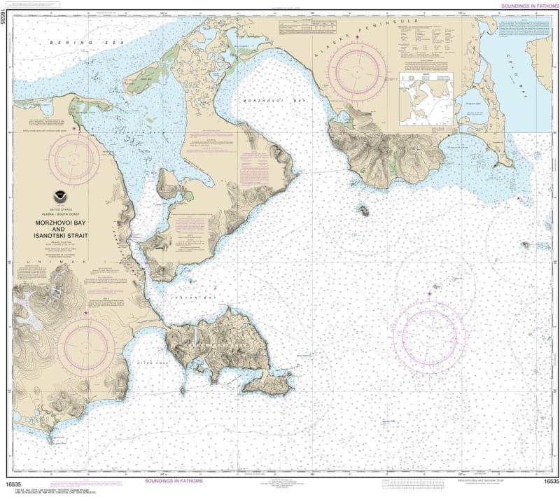 NOAA Chart 16535. Nautical Chart of Morzhovoi Bay and Isanotski Strait. NOAA charts portray water depths, coastlines, dangers, aids to navigation, landmarks, bottom characteristics and other features, as well as regulatory, tide, and other information. Th