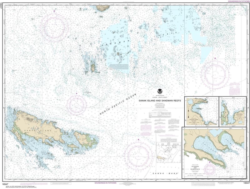 NOAA Chart 16547. Nautical Chart of Sanak Island and Sandman Reefs - Northeast Harbor - Peterson and Salmon Bays - Sanak Harbor. NOAA charts portray water depths, coastlines, dangers, aids to navigation, landmarks, bottom characteristics and other feature