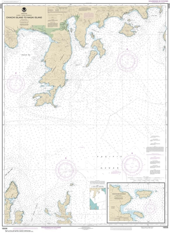 NOAA Chart 16556. Nautical Chart of Chiachi Island to Nagai Island - Chiachi Islands Anchorage. NOAA charts portray water depths, coastlines, dangers, aids to navigation, landmarks, bottom characteristics and other features, as well as regulatory, tide, a