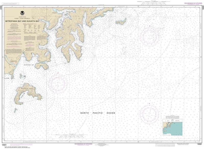 NOAA Chart 16561. Nautical Chart of Mitrofania Bay And Kuiukta Bay. NOAA charts portray water depths, coastlines, dangers, aids to navigation, landmarks, bottom characteristics and other features, as well as regulatory, tide, and other information. They c