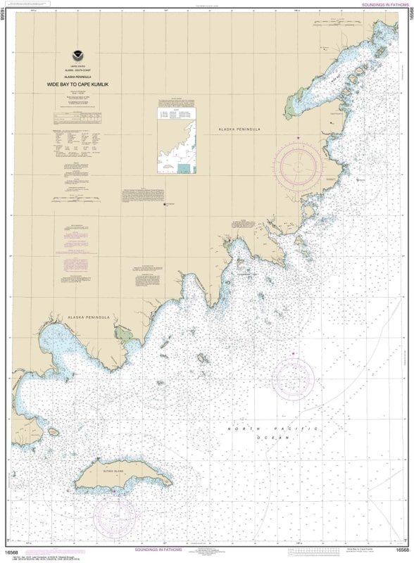 NOAA Chart 16568. Nautical Chart of Wide Bay to Cape Kumlik, Alaska Pen.. NOAA charts portray water depths, coastlines, dangers, aids to navigation, landmarks, bottom characteristics and other features, as well as regulatory, tide, and other information.