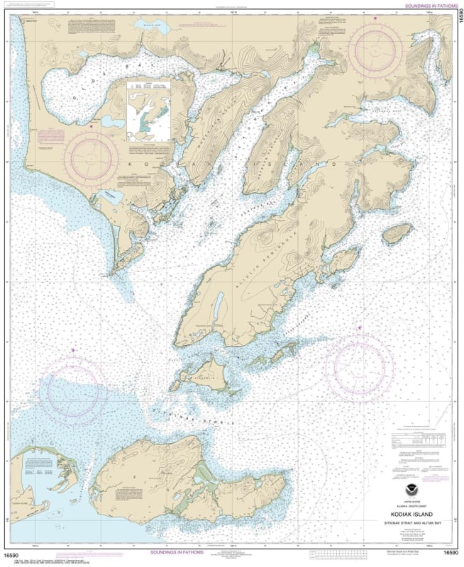 NOAA Chart 16590. Nautical Chart of Kodiak Island Sitkinak Strait and Alitak Bay. NOAA charts portray water depths, coastlines, dangers, aids to navigation, landmarks, bottom characteristics and other features, as well as regulatory, tide, and other infor