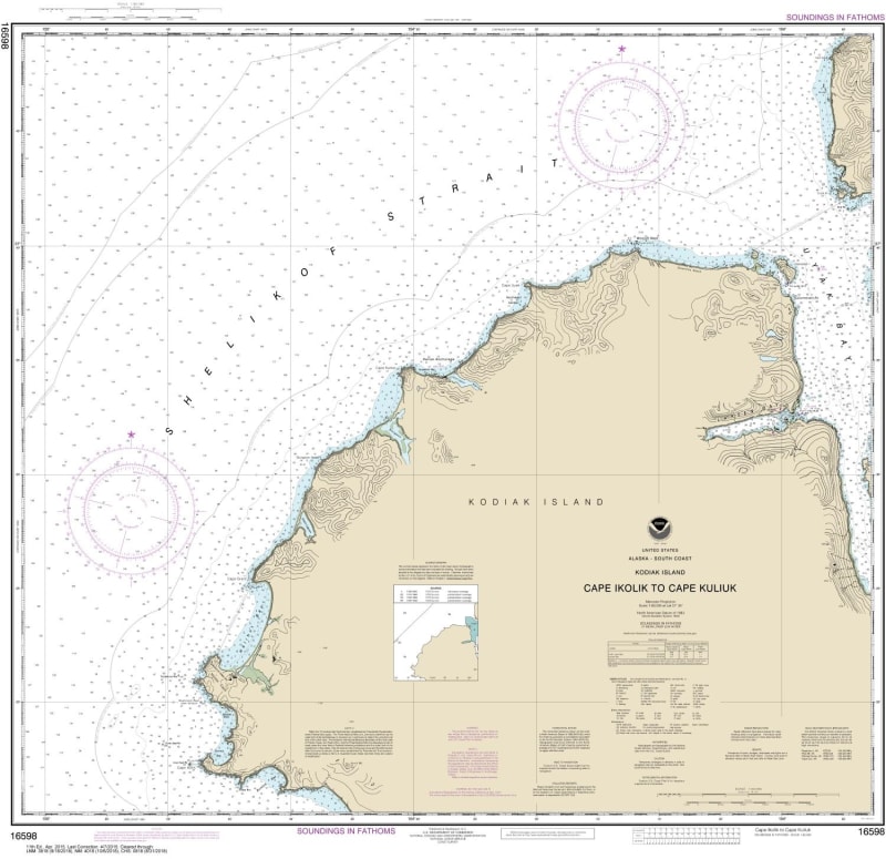 NOAA Chart 16598. Nautical Chart of Cape Ikolik to Cape Kuliuk. NOAA charts portray water depths, coastlines, dangers, aids to navigation, landmarks, bottom characteristics and other features, as well as regulatory, tide, and other information. They conta