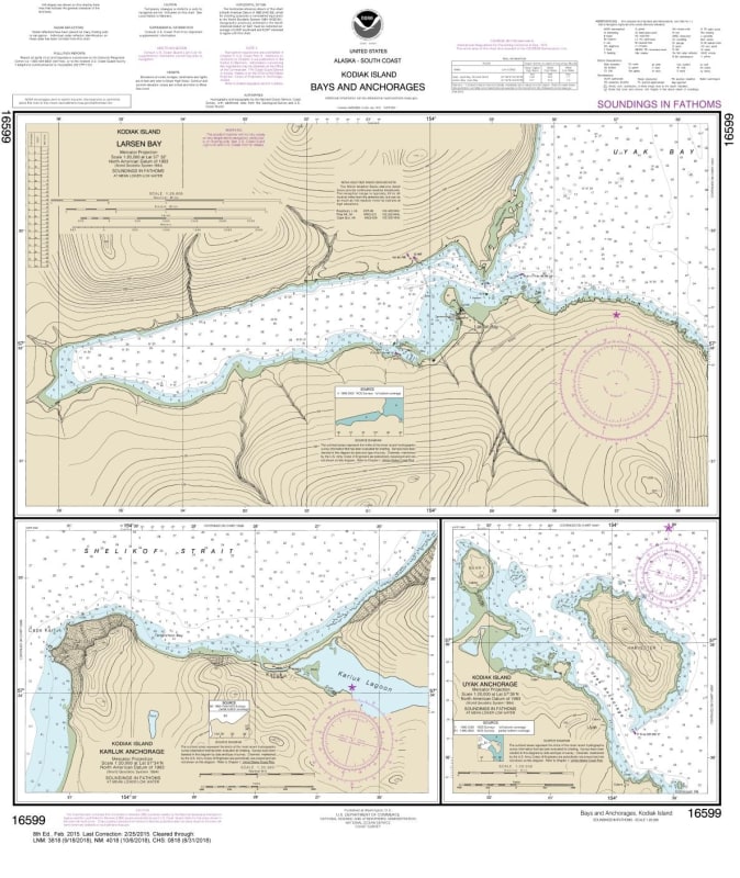 NOAA Chart 16599. Nautical Chart of Bays and Anchorages, Kodiak Island Karluk Anchorage - Larsen Bay - Uyak Anchorage. NOAA charts portray water depths, coastlines, dangers, aids to navigation, landmarks, bottom characteristics and other features, as well