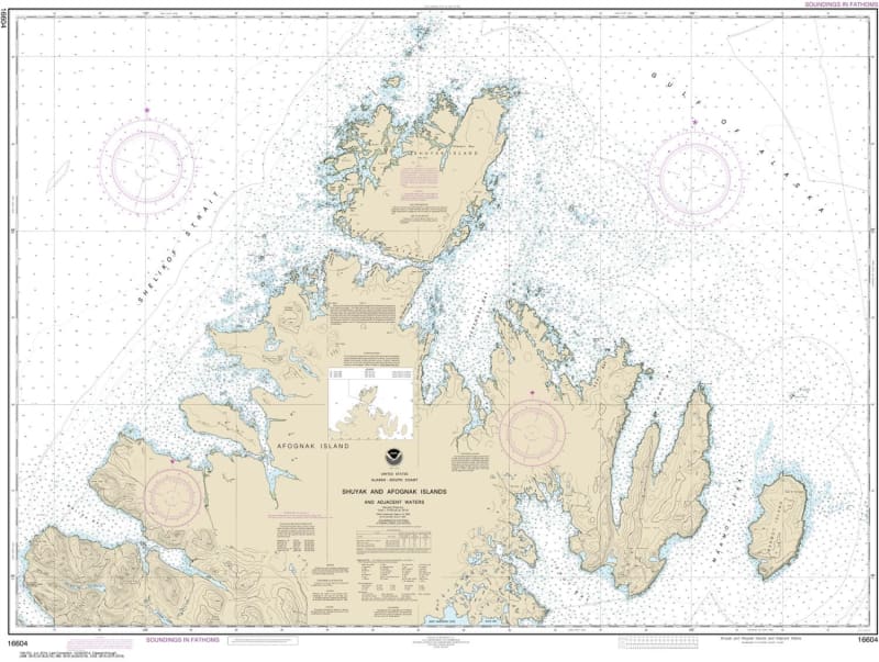 NOAA Chart 16604. Nautical Chart of Shuyak and Afagnak Islands and adjacent waters. NOAA charts portray water depths, coastlines, dangers, aids to navigation, landmarks, bottom characteristics and other features, as well as regulatory, tide, and other inf