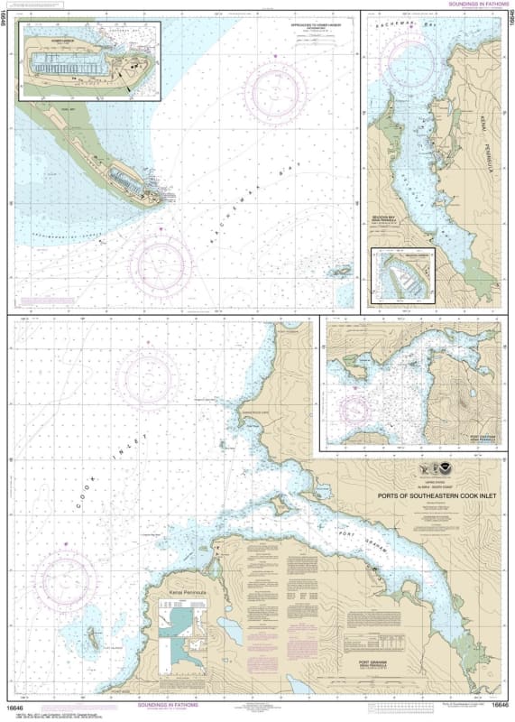 NOAA Chart 16646. Nautical Chart of Ports of Southeastern Cook Inlet Port Chatham - Port Graham - Seldovia Bay - Seldovia Harbor - Approaches to Homer Hbr - Homer Harbor. NOAA charts portray water depths, coastlines, dangers, aids to navigation, landmarks