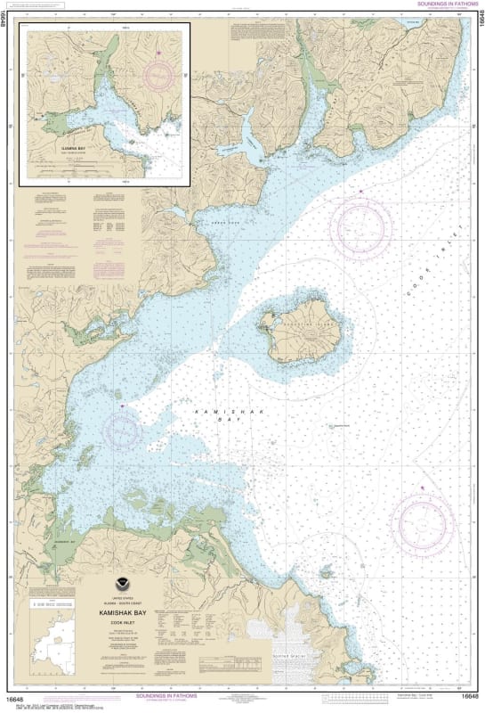 NOAA Chart 16648. Nautical Chart of Kamishak Bay - lliamna Bay. NOAA charts portray water depths, coastlines, dangers, aids to navigation, landmarks, bottom characteristics and other features, as well as regulatory, tide, and other information. They conta
