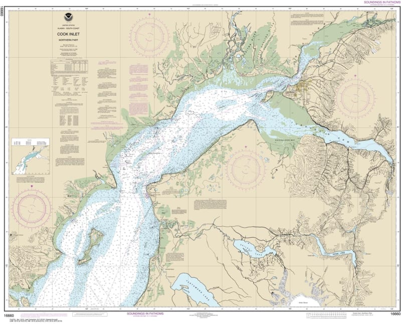 NOAA Chart 16660. Nautical Chart of Cook Inlet - northern part. NOAA charts portray water depths, coastlines, dangers, aids to navigation, landmarks, bottom characteristics and other features, as well as regulatory, tide, and other information. They conta