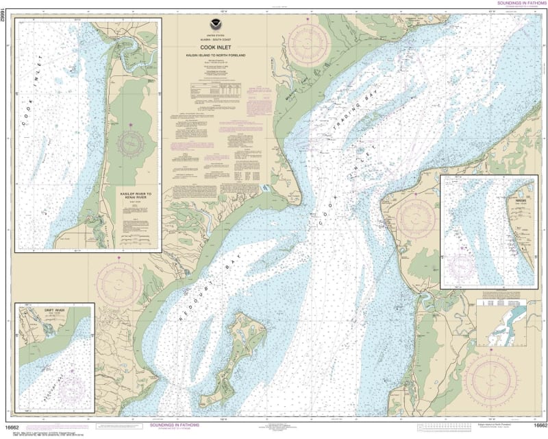 NOAA Chart 16662. Nautical Chart of Cook Inlet - Kalgin Island to North Foreland. NOAA charts portray water depths, coastlines, dangers, aids to navigation, landmarks, bottom characteristics and other features, as well as regulatory, tide, and other infor