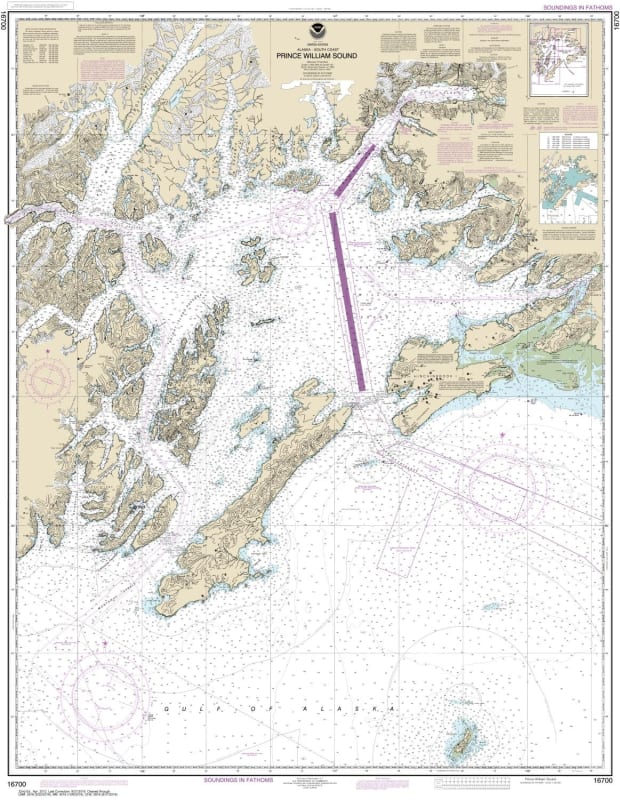 NOAA Chart 16700. Nautical Chart of Prince William Sound. NOAA charts portray water depths, coastlines, dangers, aids to navigation, landmarks, bottom characteristics and other features, as well as regulatory, tide, and other information. They contain all