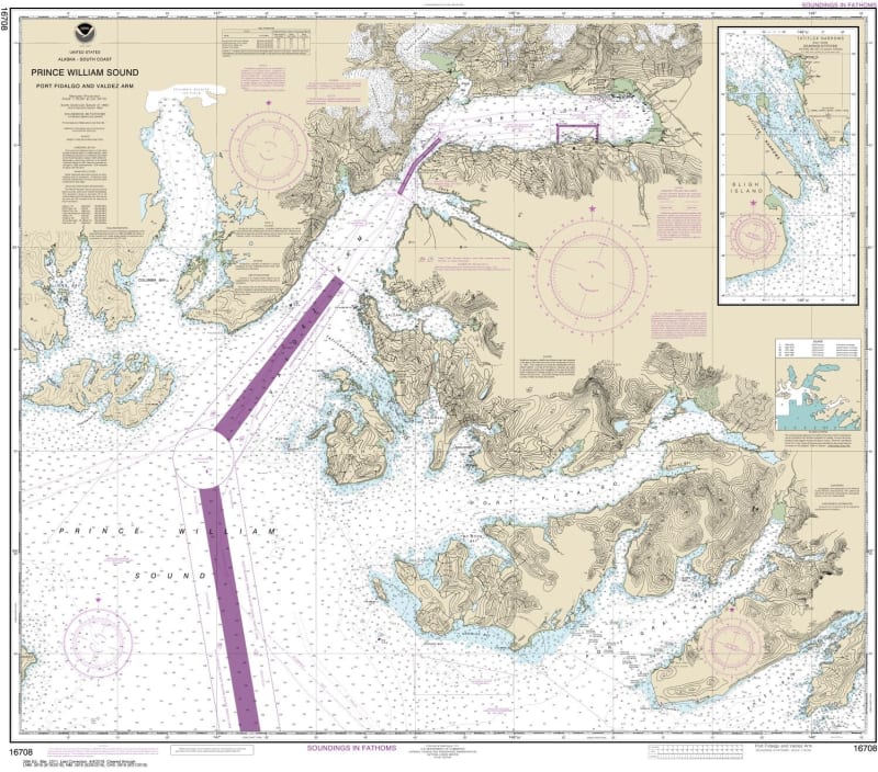 NOAA Chart 16708. Nautical Chart of 16708 Prince William Sound - Port Fidalgo and Valdez Arm - Tatitlek Narrows - Alaska Nautical Chart. NOAA charts portray water depths, coastlines, dangers, aids to navigation, landmarks, bottom characteristics and other