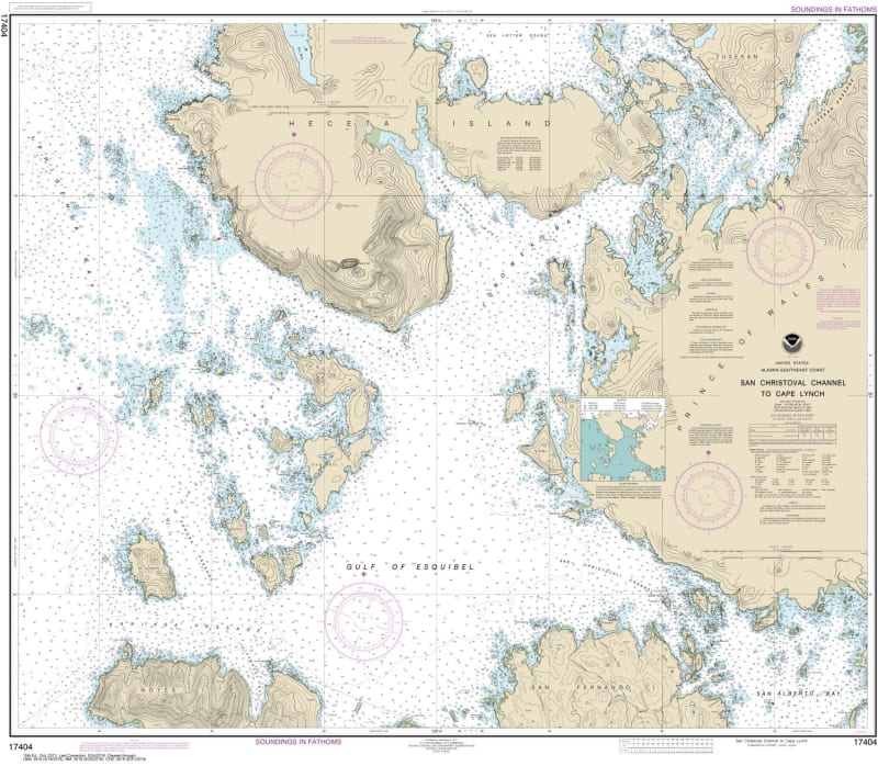NOAA Chart 17404. Nautical Chart of San Christoval Channel to Cape Lynch- Alaska. NOAA charts portray water depths, coastlines, dangers, aids to navigation, landmarks, bottom characteristics and other features, as well as regulatory, tide, and other infor