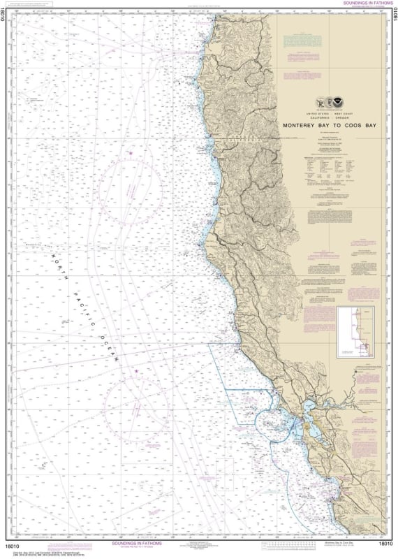 NOAA Chart 18010. Nautical Chart of Monterey Bay to Coos Bay. NOAA charts portray water depths, coastlines, dangers, aids to navigation, landmarks, bottom characteristics and other features, as well as regulatory, tide, and other information. They contain
