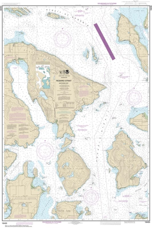 NOAA Nautical Chart 18430. Rosario Strait - Northern Part. NOAA maps portray water depths, coastlines, dangers, aids to navigation, landmarks, bottom characteristics and other features, as well as regulatory, tide, and other information. They contain all