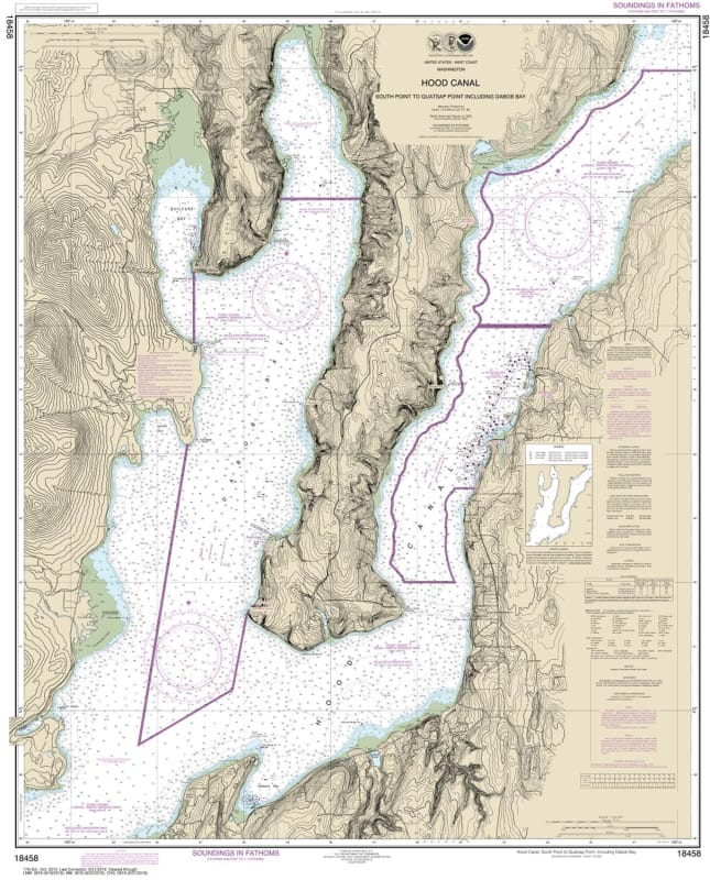NOAA Chart 18458. Hood Canal to Quatsap Point Including Dabob Bay Nautical Chart. NOAA charts portray water depths, coastlines, dangers, aids to navigation, landmarks, bottom characteristics and other features, as well as regulatory, tide, and other infor