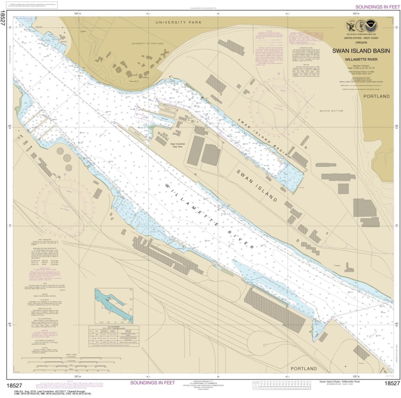 NOAA Chart 18527. Nautical Chart of Willamette River-Swan Island Basin. NOAA charts portray water depths, coastlines, dangers, aids to navigation, landmarks, bottom characteristics and other features, as well as regulatory, tide, and other information. Th