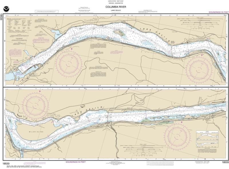 NOAA Chart 18533. Nautical Chart of Columbia River - Lake Celilo. NOAA charts portray water depths, coastlines, dangers, aids to navigation, landmarks, bottom characteristics and other features, as well as regulatory, tide, and other information. They con