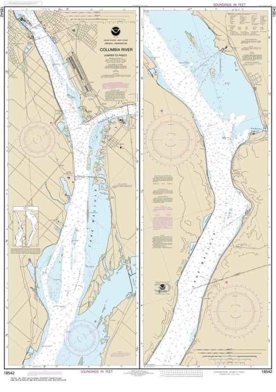 NOAA Chart 18542. Nautical Chart of Columbia River - Juniper to Pasco. NOAA charts portray water depths, coastlines, dangers, aids to navigation, landmarks, bottom characteristics and other features, as well as regulatory, tide, and other information. The