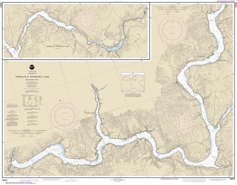 NOAA Chart 18551. Nautical Chart of FRANKLIN D. ROOSEVELT LAKE Southern part. NOAA charts portray water depths, coastlines, dangers, aids to navigation, landmarks, bottom characteristics and other features, as well as regulatory, tide, and other informati
