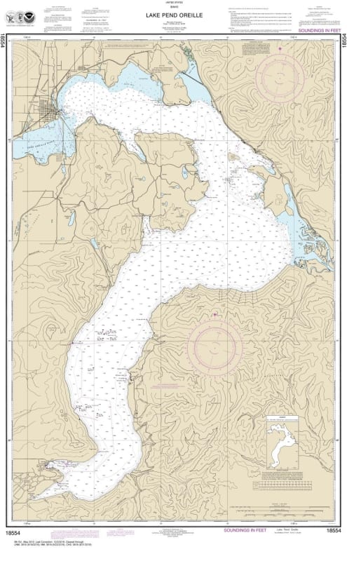 NOAA Chart 18554. Nautical Chart of Lake Pend Oreille. NOAA charts portray water depths, coastlines, dangers, aids to navigation, landmarks, bottom characteristics and other features, as well as regulatory, tide, and other information. They contain all cr