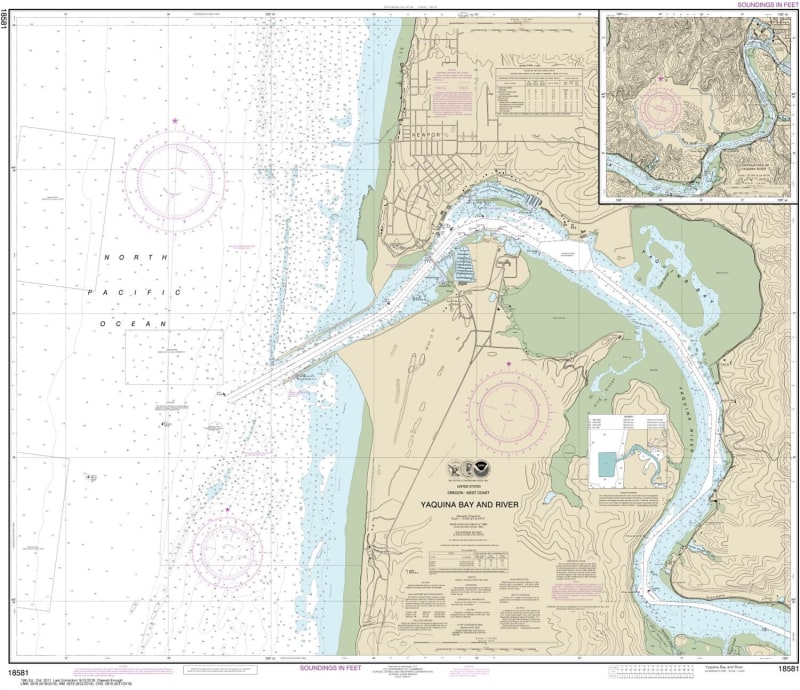 NOAA Chart 18581. Nautical Chart of Yaquina Bay and River - Continuation of Yaquina River. NOAA charts portray water depths, coastlines, dangers, aids to navigation, landmarks, bottom characteristics and other features, as well as regulatory, tide, and ot